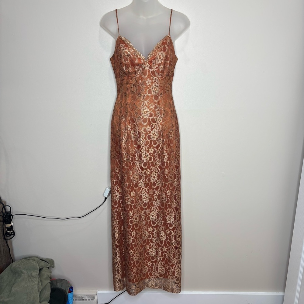 Vintage 90s Alchemy New York long lace gown orange gold metallic size 4 boho